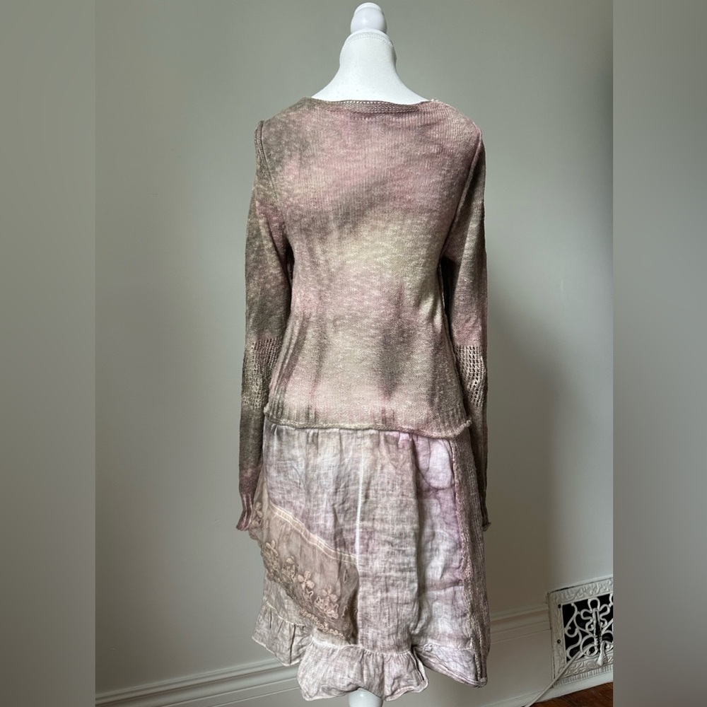 ELISA CAVALETTI Pink Boho Cotton Linen Artisan Layered Long Sleeve Midi Dress - Picture 3 of 8